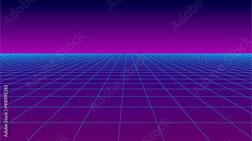 Futuristic background in retro style. Digital grid landscape of the 80s. Vector background for party.