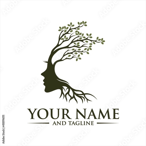 blooming tree with female face, vector, Vector person ecological, think green, tree brain logo concept. human mind, growth , innovation, thinking, symbol stock illustration.