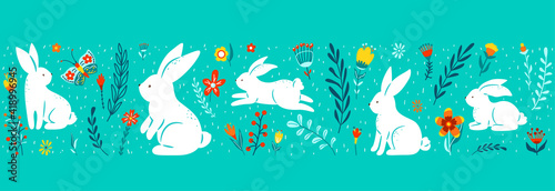 Fototapeta Naklejka Na Ścianę i Meble -  Easter seamless border vector illustration. Holiday pattern with cute white bunnies, colorful flowers, plants isolated on blue background. Simple flat style