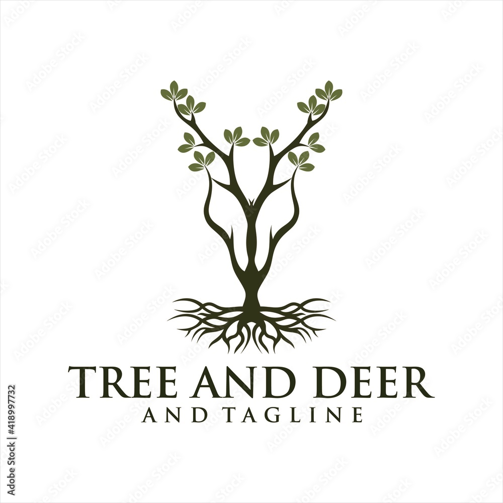 Fototapeta premium Deer Tree Leaves Forest Logo Vector icon, Deer leaf antlers logo design.