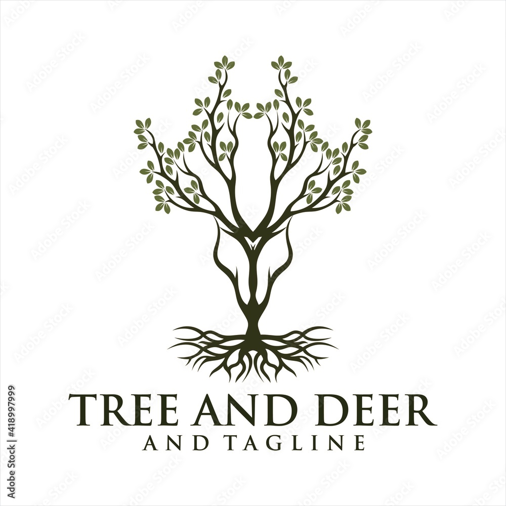 Deer Tree Leaves Forest Logo Vector icon, Deer leaf antlers logo design.