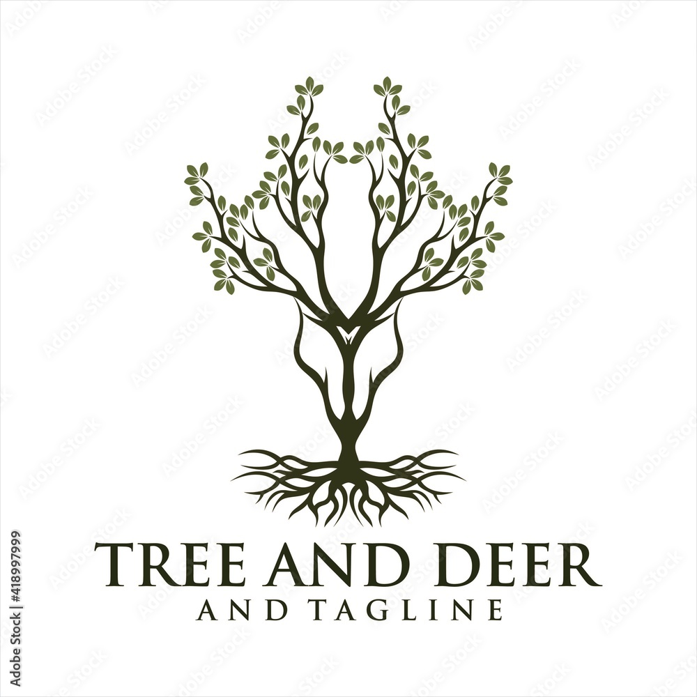 Obraz premium Deer Tree Leaves Forest Logo Vector icon, Deer leaf antlers logo design.