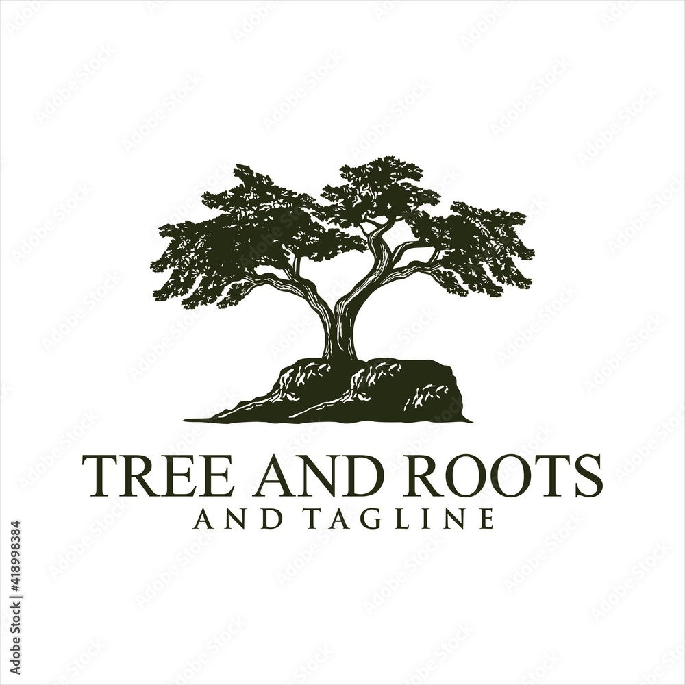Obraz premium Oak tree logo illustration. Vector silhouette of a tree, Root Of The Tree logo illustration. Vector silhouette of a tree.