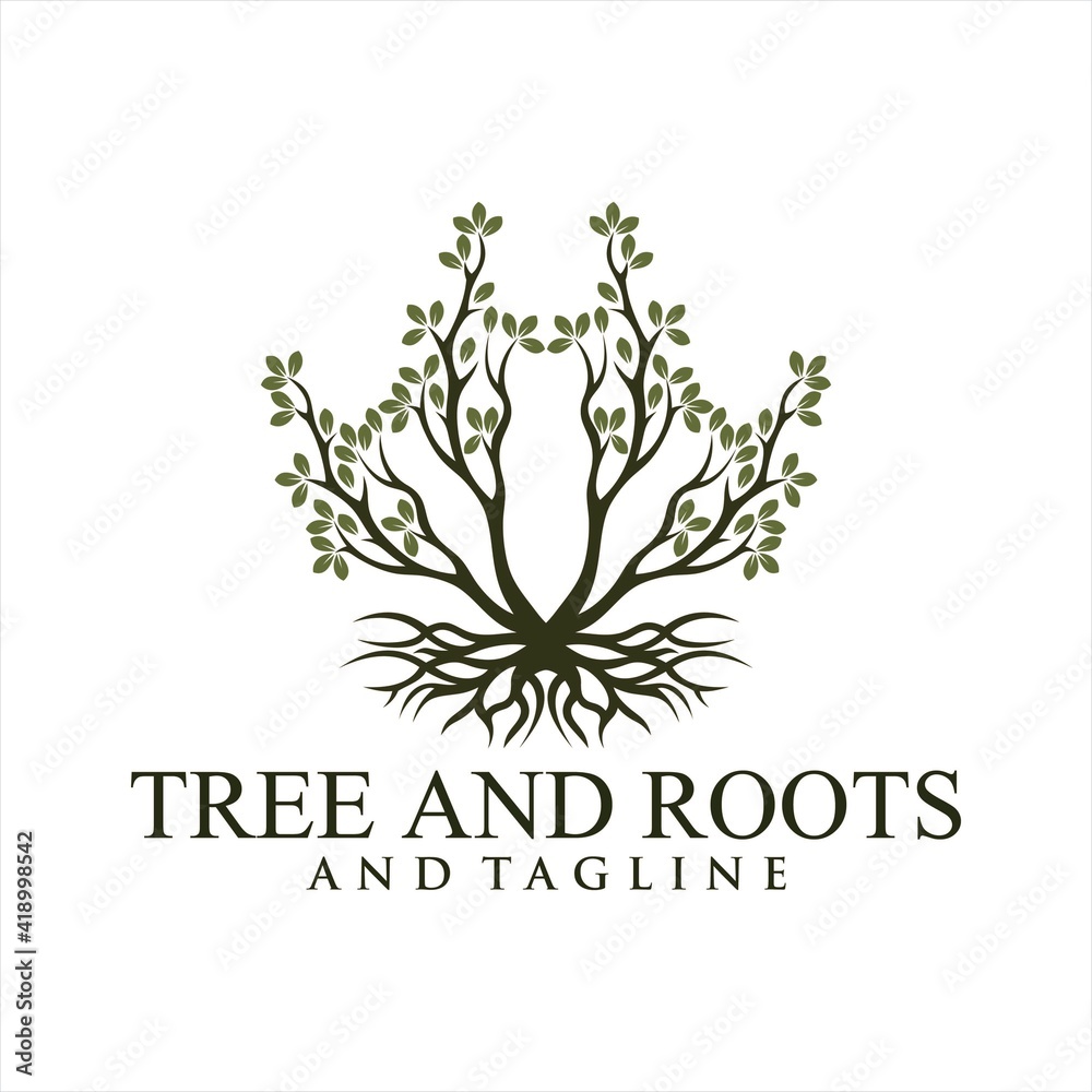 Obraz premium Oak tree logo illustration. Vector silhouette of a tree, Root Of The Tree logo illustration. Vector silhouette of a tree.