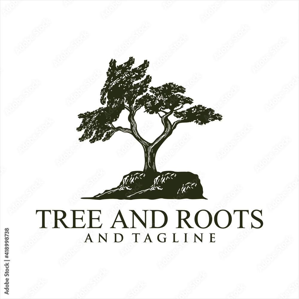 Obraz premium Oak tree logo illustration. Vector silhouette of a tree, Root Of The Tree logo illustration. Vector silhouette of a tree.