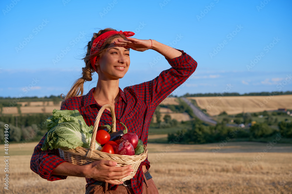 Woman farmer standing farmland smiling Female agronomist specialist farming agribusiness Happy positive caucasian worker agricultural field