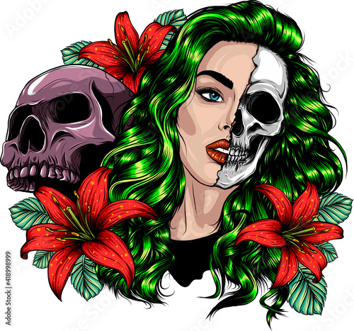 woman face with skull and flower illustration