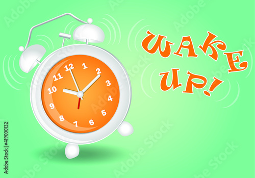 Wake up text beside white and orange ringing alarm clock
