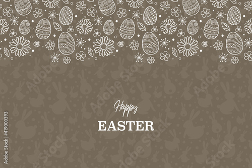 Concept of Easter greeting card with eggs and flowers. Vector