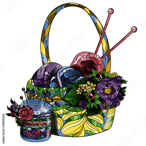 This patterned craft basket is decorated with a bouquet of flowers drawn in a tangle style. A ball of yarn and knitting needles with decorative patterns. Pin cushion with needles