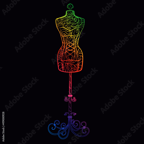 Rainbow gradient outline tailor's mannequin with tangle and doodles pattern. Decorative mannequin is painted with multi-colored patterns