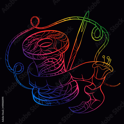 Rainbow gradient contour in tangle style from plant patterns, image of a spool of thread with a needle, decorative sewing supplies
