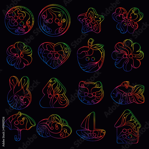 Set of rainbow gradient curly buttons with doodle and tangle pattern