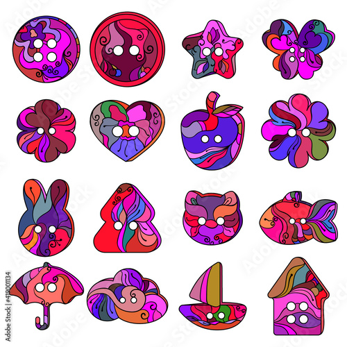Set of multicolored curly buttons with a pattern in the style of doodle and tangle