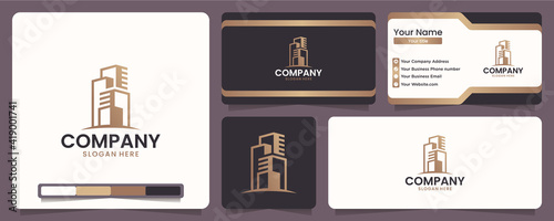 building logo , office , company , apartment , gold color ,logo design with business card and banner