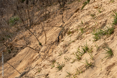 The steep slope of a sand mining quarry. Background and texture of sand. soil layers on a plot of the cut of the soil during a geological survey.