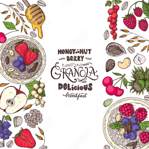 Granola illustration. Oat flakes , berries, fruits and nuts. Breakfast top view frame. Morning food menu design. Hand drawn vector illustration.