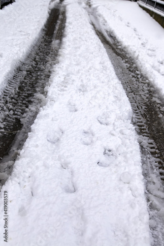 Wheel marks on snowy road