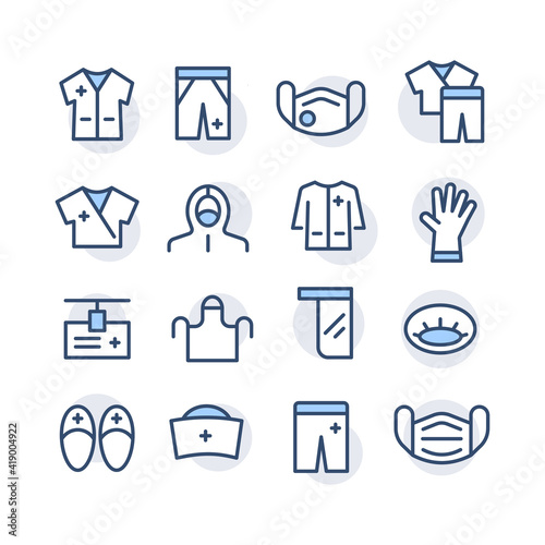 Set of colored icons of medical clothes for doctors, nurse in hospitals, laboratories, emergency room. Vector thin line flat illustration. Editable stroke outline for web, UI, stories highlits.