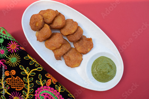 Farali bhajiya made from fasting batter of amaranth, buckwheat, chestnut flour. Also known as rajgira ka atta, kuttu and singoda ka ata. Crispy breakfast for upwaas, vrat ka khana indian.Gujarati food photo