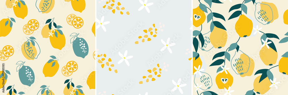 A set of artistic seamless patterns with abstract flowers, shapes, leaves, pear, lemons in yellow and blue. Vector illustration.