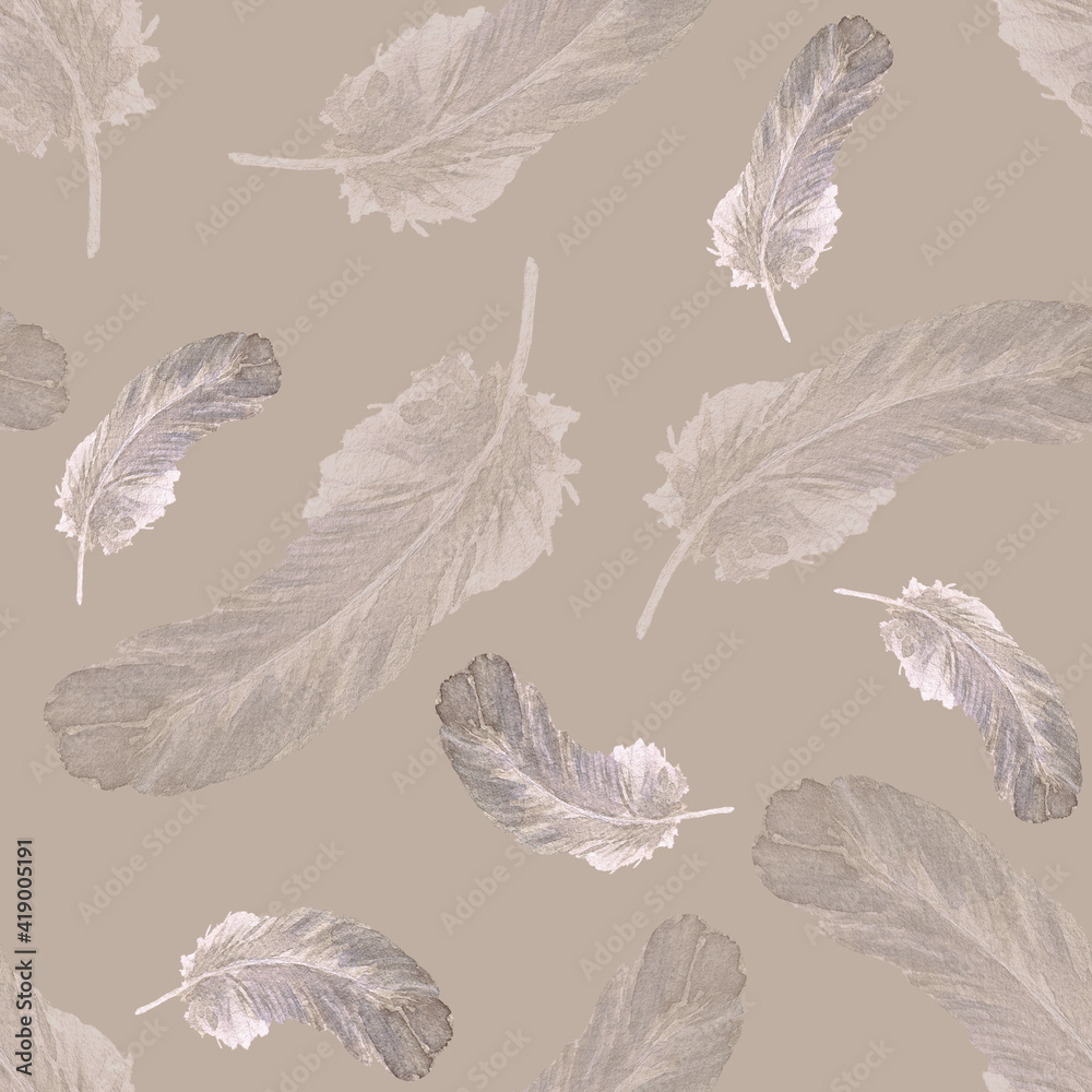 A pattern with feathers of different sizes on a beige background. A pattern with feathers of different sizes on a beige background.