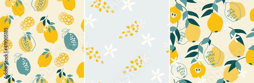 A set of artistic seamless patterns with abstract flowers, shapes, leaves, pear, lemons in yellow and blue. Vector illustration.