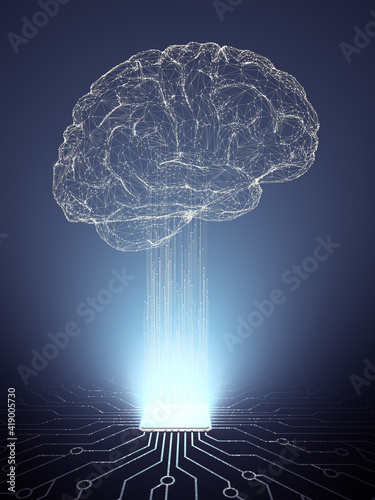 Artificial intelligence, electric pulses coming out of the microchip, forming a brain with lines of connections.