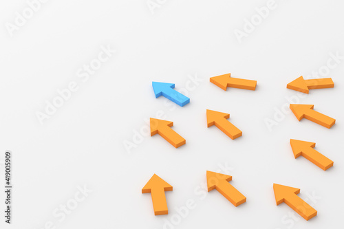 Leadership concept, blue leader arrow leading orange. 3D Rendering
