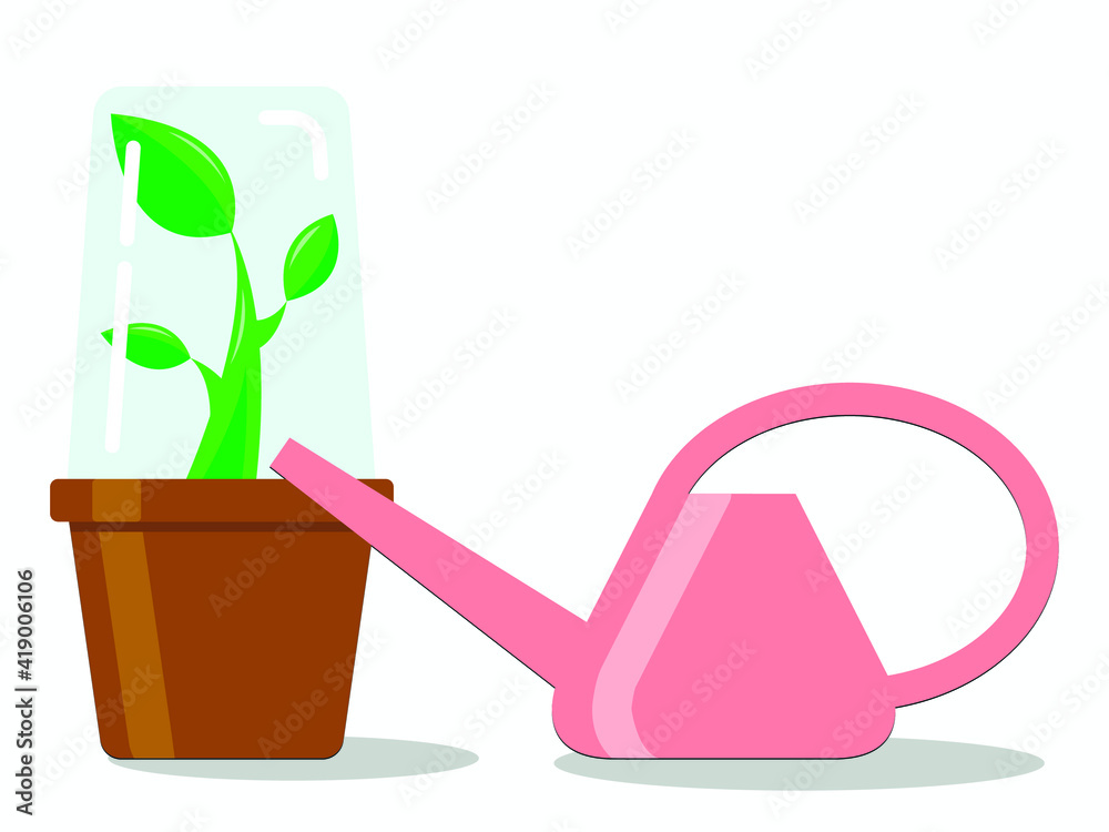 Obraz premium Vector graphics - a green sprout with three leaves on a stem in a brown container under a transparent greenhouse cap and pink watering can close-up. Concept-growing and caring for seedlings in spring