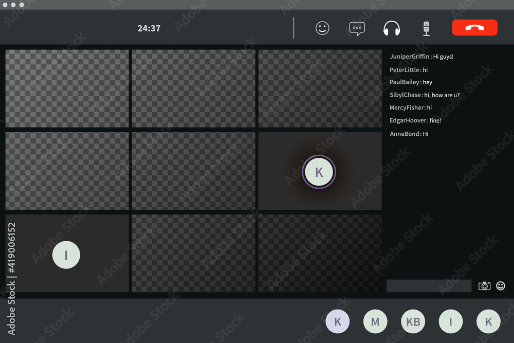 Screen template of video conference, modern software for virtual meetings, remote work or lections on transparent background Screen template of video conference, modern software for virtual meetings, remote work or lections on transparent background