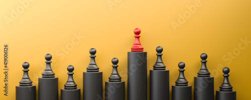 Leadership and growth concept, red pawn of chess, standing out from the crowd of black pawns, on yellow background with empty copy space. 3D Rendering