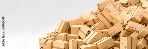 Cardboard boxes on white background with empty copy space on left side, logistics and delivery concept. 3D Rendering photo