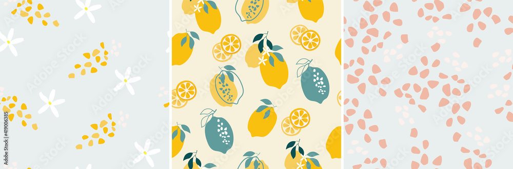 A set of artistic seamless patterns with abstract flowers, shapes, leaves, lemons in yellow and blue. Vector illustration.