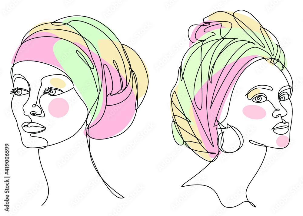 Collection. Silhouettes of the girl's head. Lady in a turban, scarf. Woman face in modern one line style. Solid line, contour for decor, posters, stickers, logo. Vector illustration set.