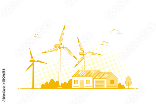 Landscape with Modern House, Solar Panels and Wind Turbines. Eco House, Energy Effective House, Green Energy concept banner design. Flat style vector illustration.