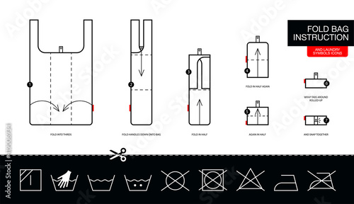 Instruction how to fold step by step eco bag, foldable reusable shopping bags. Concept with instructions how to fold reusable eco bags for print on a care Labels.