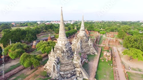 High and wide aerial view of Wat Phra Si Sanphet. The largest temple and the most beautiful ruins in Ayutthaya, Thailand.