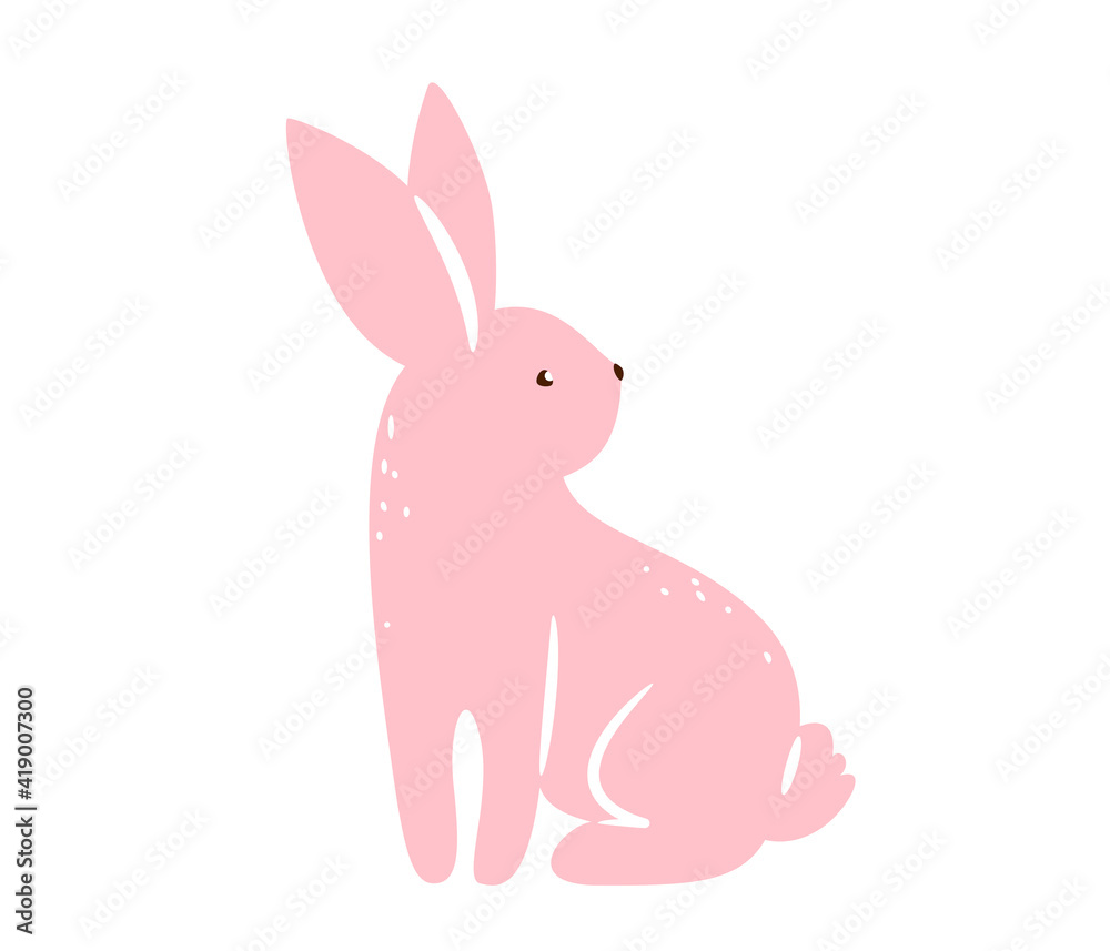 Obraz premium Bunny vector illustration. Pink textured rabbit isolated on white background. Cute print design characters in flat cartoon scandinavian style