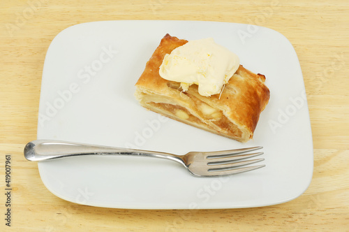 Apple strudel on a table