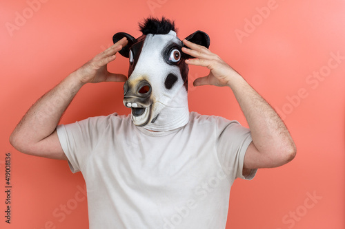 Wallpaper Mural person wearing a cow mask with both hands on the head Torontodigital.ca