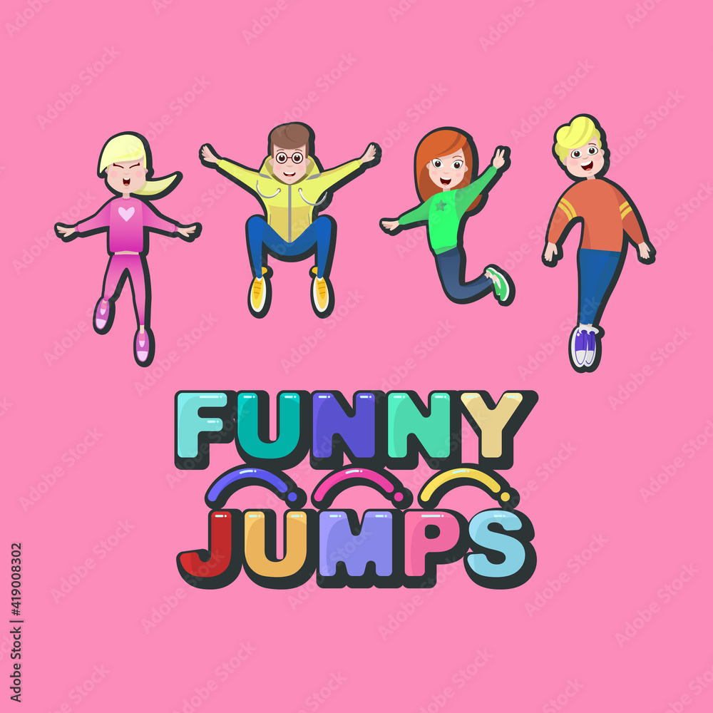 Set of cartoon characters in a flat style. Children are jumping. Funny font. Set of cartoon characters in a flat style. Children are jumping. Funny font.