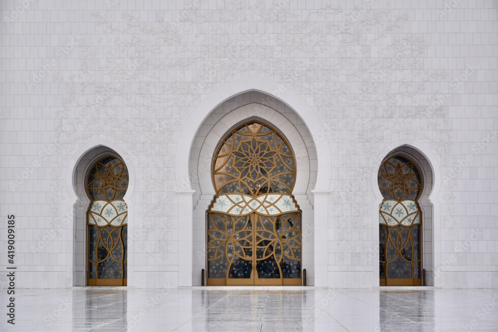 Sheikh Zayed Mosque against the sunset sky. Inside East view