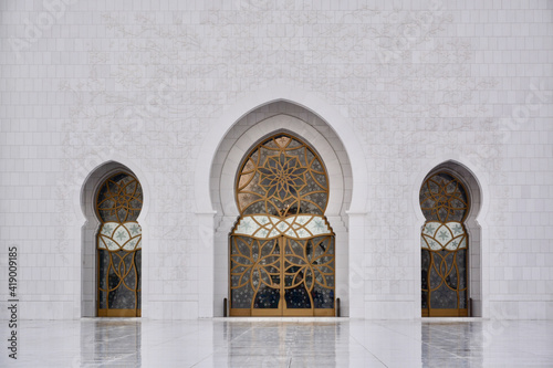 Sheikh Zayed Mosque against the sunset sky. Inside East view