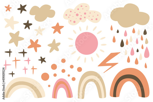 Beautiful set of rainbow, clouds, stars, sun clipart in trendy scandinavian style. Cute hygge illustrations isolated on white  for posters, greeting cards, textiles, kids playroom decoration. Vector