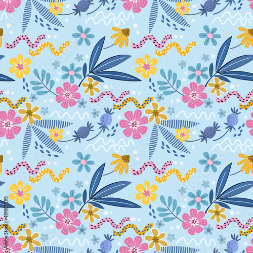 Pink and yellow flowers on a light blue color seamless pattern for fabric textile background, wrapping paper, and backdrop.
