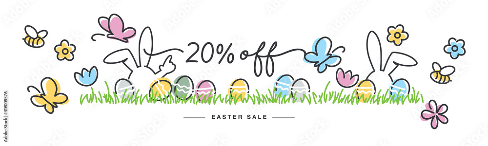Easter Sale 20 % off handwritten typography lettering line design bunny colorful flowers butterflies tulips Easter eggs in grass egg hunt white greeting card Easter Sale 20 % off handwritten typography lettering line design bunny colorful flowers butterflies tulips Easter eggs in grass egg hunt white greeting card