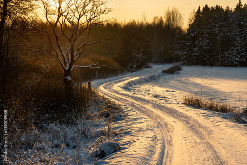 Snow-coverd, frozen fields and meadows, eastern Poland, beautiful sunrise, Podlasie