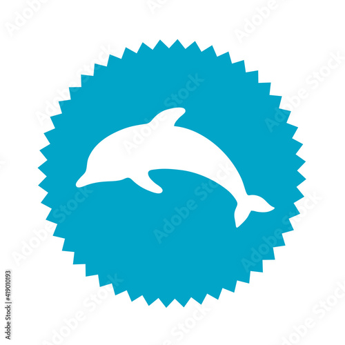 Blue flat round icon with silhouette of playing dolphin. Summer resort and entertainment symbol. Vector isolated illustration
