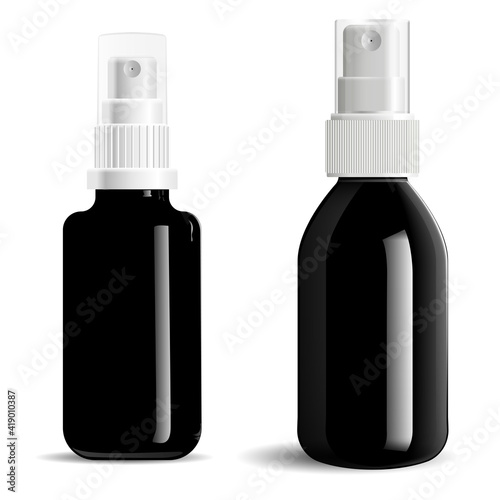 Cosmetic spray black bottle. Mist spray package isolated on background. Aerosol spray atomizer vial blank. Serum essence pump packaging. Realistic medical sprayer, face serum container